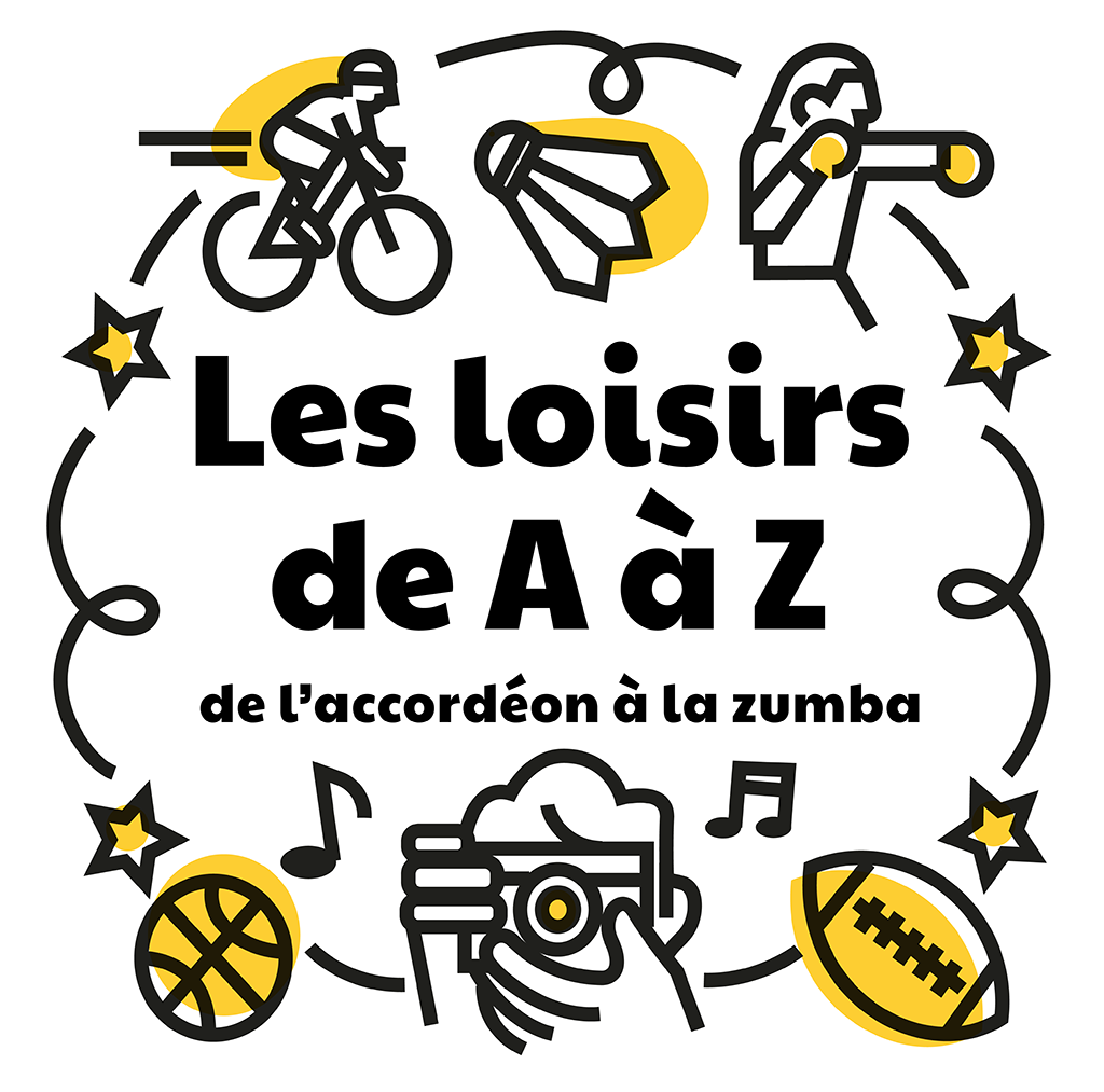 Visuel des Loisirs de A à Z avec plusieurs pictogrammes représentant des activités comme le vélo, badminton, boxe, photographie, rugby, basket.