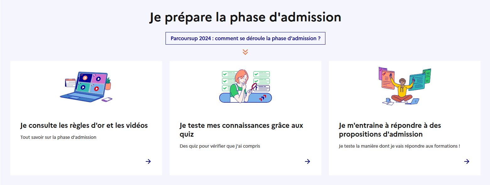 Capture d'écran du site d'entraînement aux admissions de Parcoursup avec les trois rubriques citées en article.